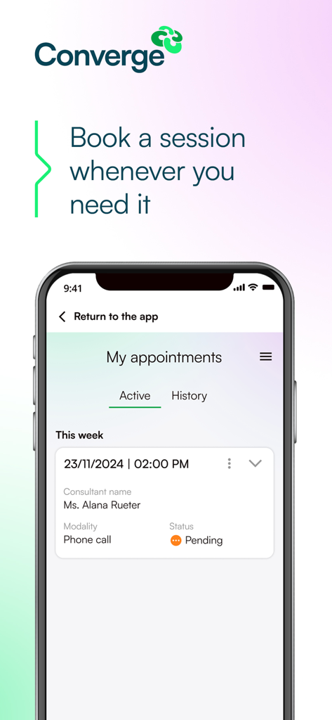 Pantalla de la aplicación Converge International que muestra una reserva de cita de telemedicina pendiente