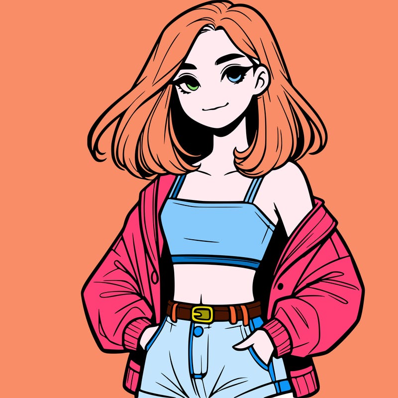 a realistic girl with a crop top and short shorts in an open jacket