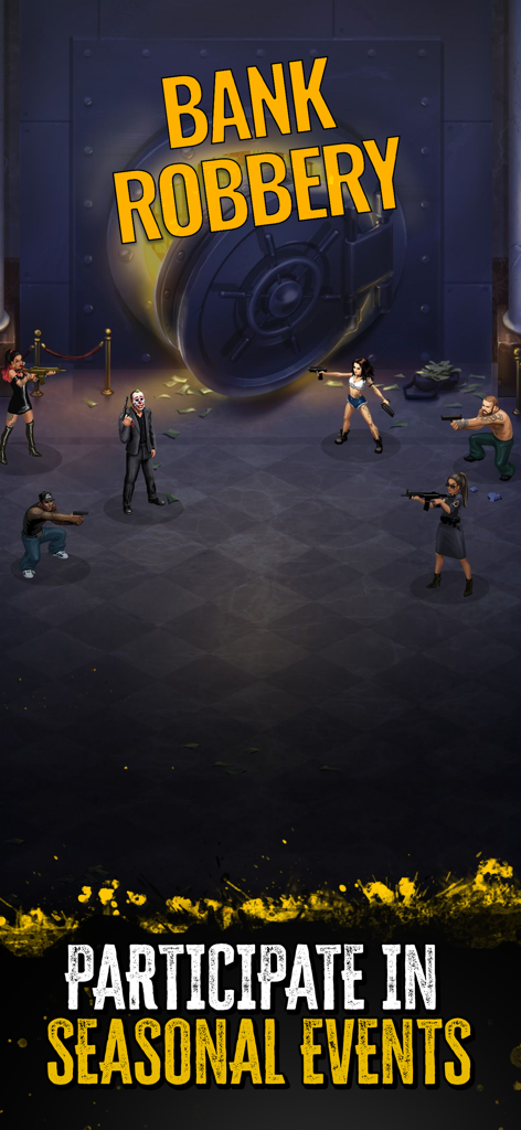 The Gang: Street Wars - Characters with guns in front of an open bank vault for a seasonal robbery event in The Gang Street Wars.