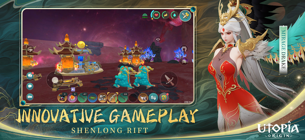 Utopia: Origin - Captura de tela do jogo Utopia Origin de Shenlong Rift apresentando o personagem Mirage Drake e jogabilidade inovadora.