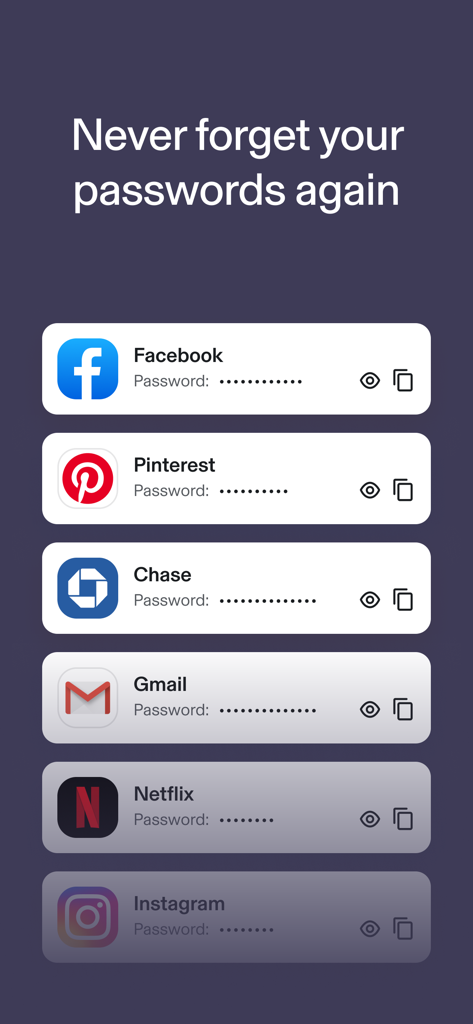 Identity Guard: ID Protection - Interface showing stored passwords for social media and financial accounts within the identity guard app