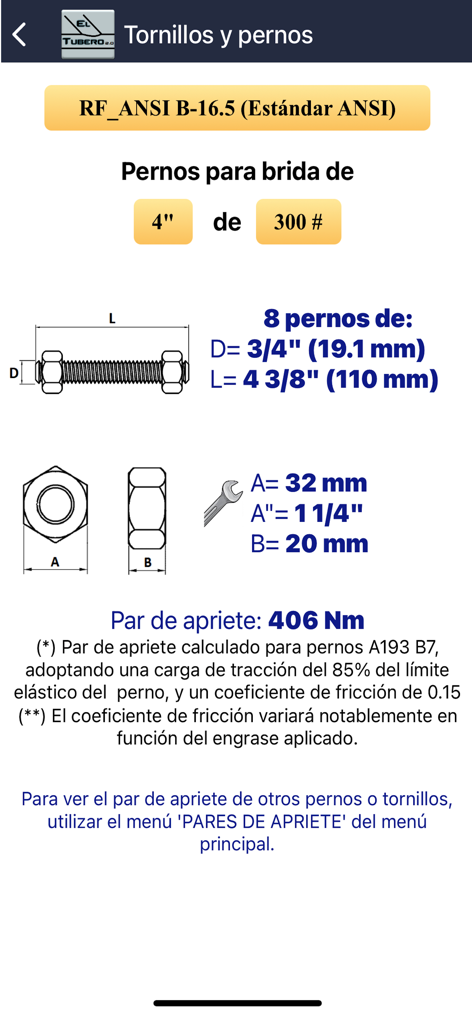 Especificaciones técnicas para pernos de brida que muestran dimensiones y torque de apriete en El Tubero 2.0.