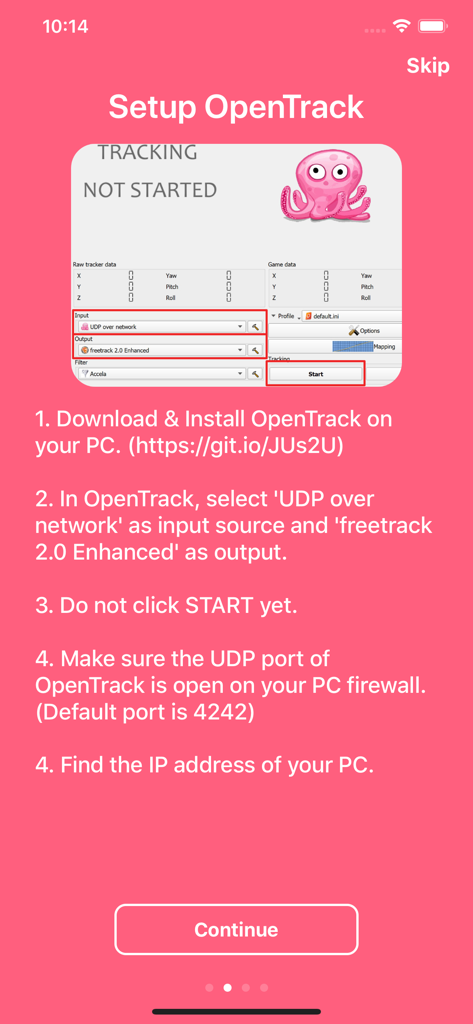 Smart Head Track for OpenTrack - Bildschirm mit Setup-Anweisungen zur Konfiguration der OpenTrack-PC-Software mit der mobilen App