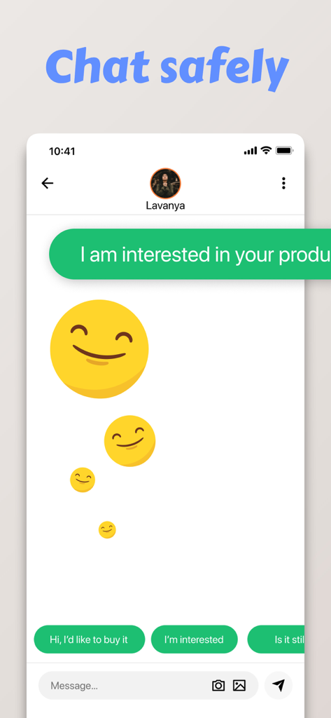 Écran de chat en direct de l'application Marketplace pour une communication sécurisée avec les vendeurs