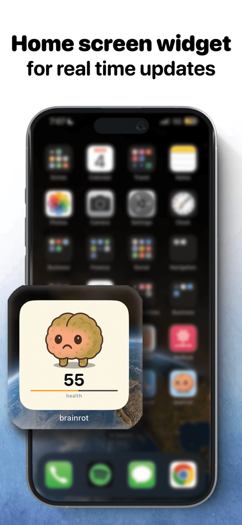 A smartphone home screen featuring a Brainrot app widget that displays a sad brain character with a health score of 55