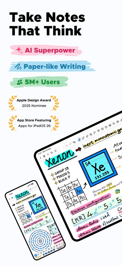 Un smartphone y una tablet mostrando notas de química escritas a mano en la aplicación Notewise, resaltando funciones de IA y premios de diseño.