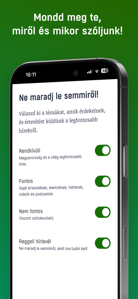 444.hu - Bildschirm für Benachrichtigungseinstellungen in der 444.hu-Nachrichten-App mit Schaltern für Eilmeldungen und Newsletter.
