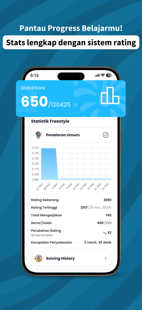 Mobile app screen showing global rank and detailed user performance statistics for UTBK exam preparation