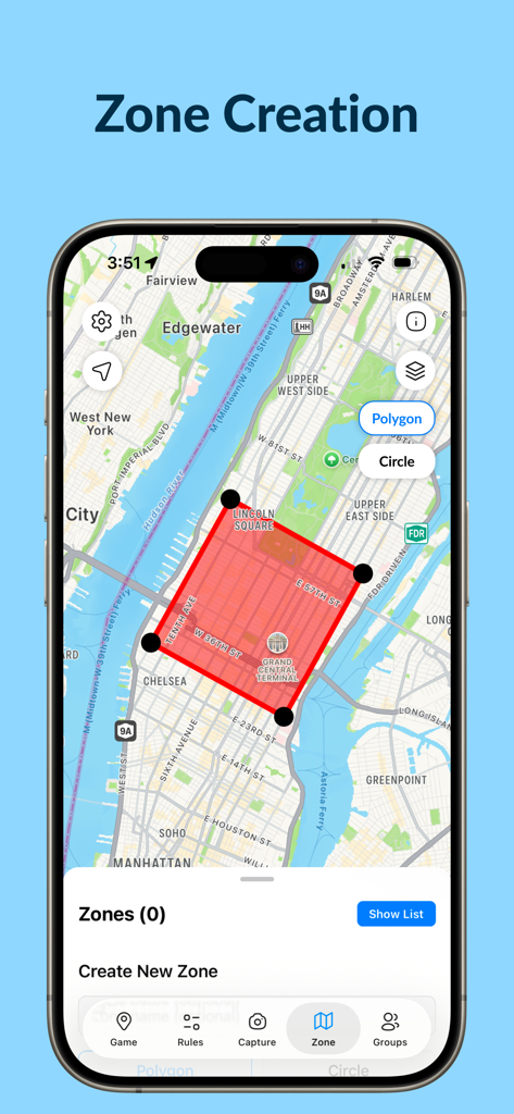 Manhunt: Hide & Seek - Una pantalla de smartphone que muestra la función de creación de zonas personalizadas en un mapa de la ciudad para una partida de manhunt.