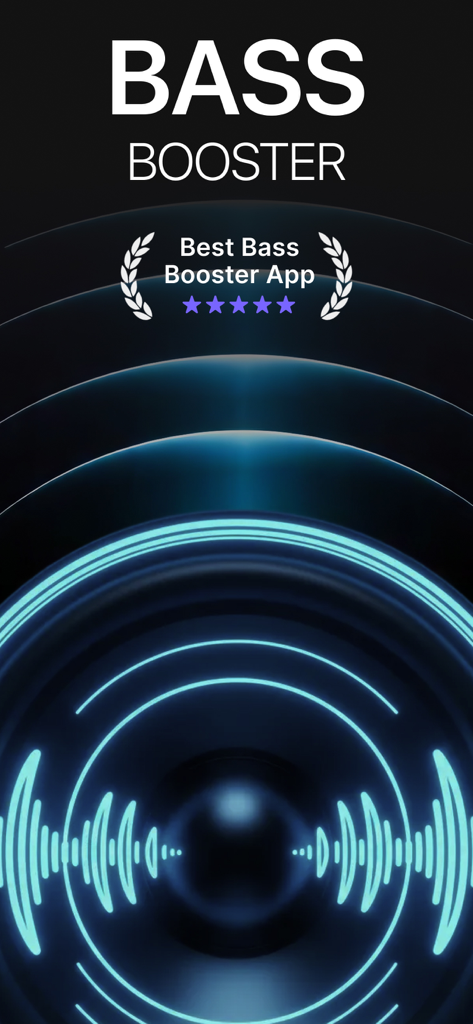 Bass Booster | Volume | Treble - Introductory screen for the Bass Booster app featuring blue neon sound waves and a five star rating.