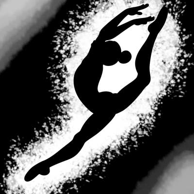 gymnast doing a leap in a leotard with a bent back leg