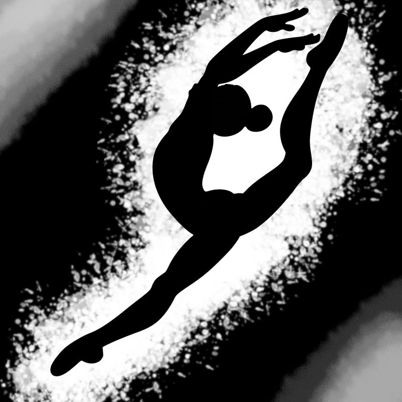 gymnast doing a leap in a leotard with a bent back leg