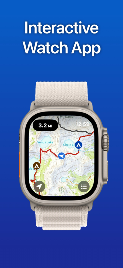 Topo Maps+ - Topo Maps plus app on Apple Watch showing interactive topographic trail map