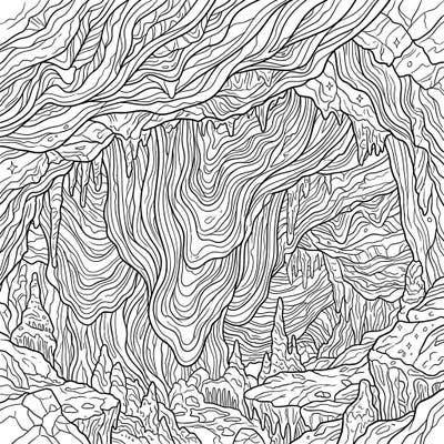 Discover the breathtaking beauty of subterranean wonders with this intricate cave draperies coloring page. This full-scene illustration invites you to add vibrant hues to delicate speleothems and ancient rock formations.