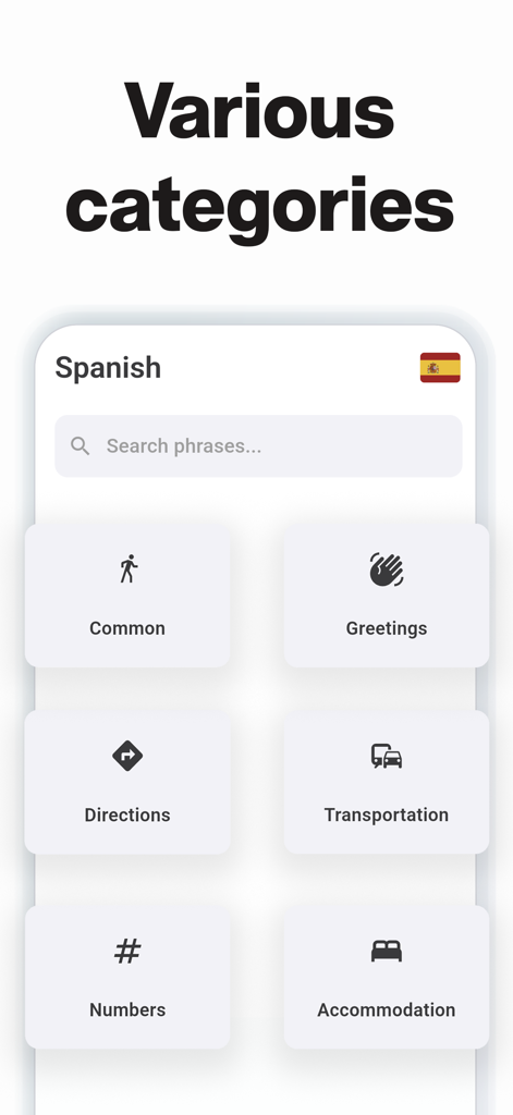 Travel Phrasebook - Phrase Log - Mobile app screen showing various categories for Spanish phrases including Common, Greetings, Directions, and Transportation.