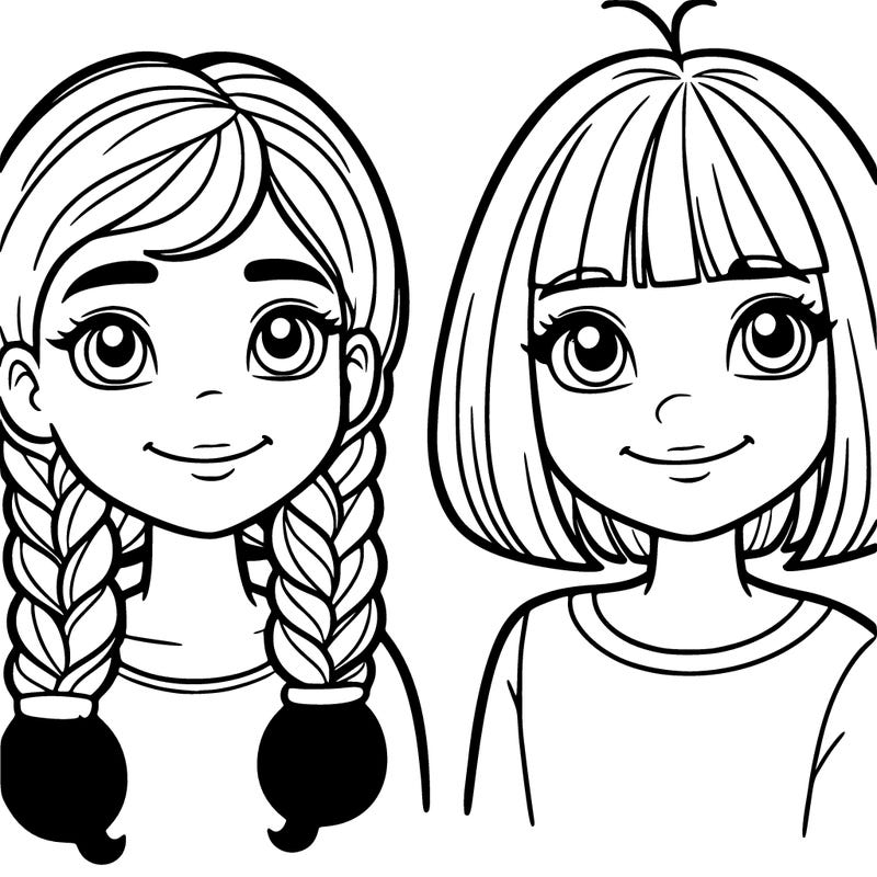 two girls, one with two serious braids and the other with happy bob hair