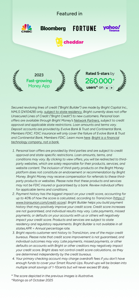 Media features and 5 star user ratings for Bright Loans and Credit Builder