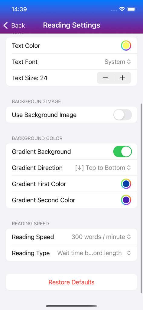 Speed Reading App - アプリの読書設定インターフェース。テキストカスタマイズ、背景色、読書速度調整のオプションが表示されています