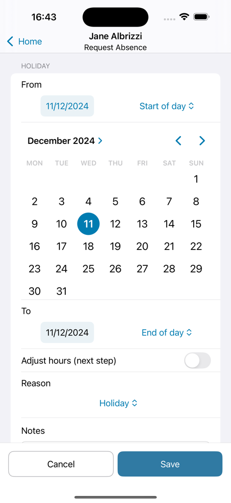 Una captura de pantalla de la aplicación móvil Cezanne HR que muestra una pantalla de solicitud de ausencia con un calendario de vacaciones y opciones de selección de fecha.