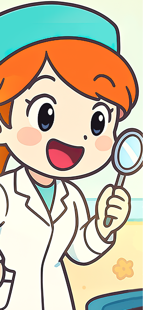 Dentist Games: Teeth Clinic - 歯医者の鏡を持っている、幸せそうな漫画の女性歯科医キャラクター