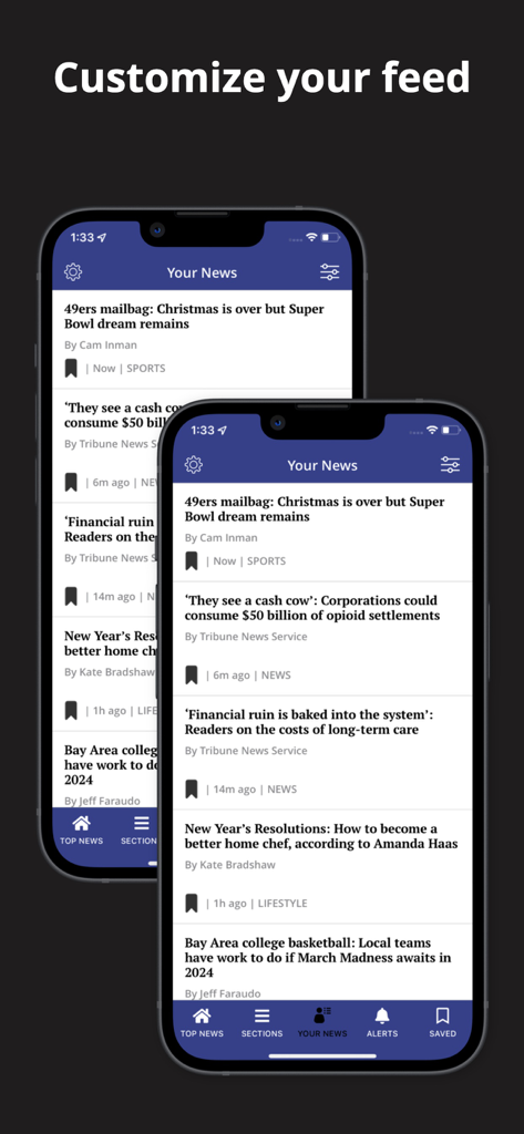 Santa Cruz Sentinel mobile app showing the personalized Your News feed with a customize your feed heading