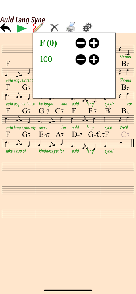 Spartito musicale digitale per Auld Lang Syne nell'app Tritone Jazz che mostra accordi, testi e controlli del tempo
