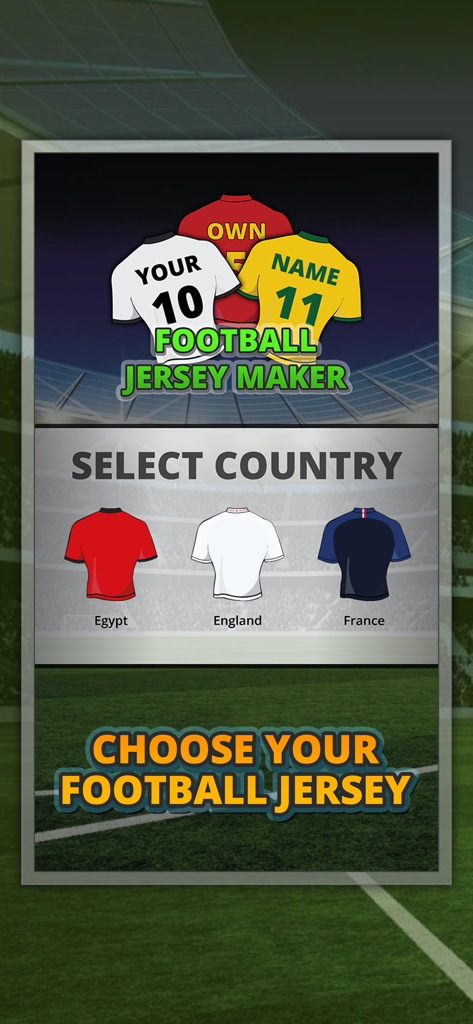Interface of the Football Jersey Maker app showing national team jersey options for Egypt England and France