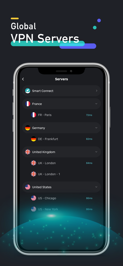 Hot VPN app interface showing a list of global server locations and connection speeds