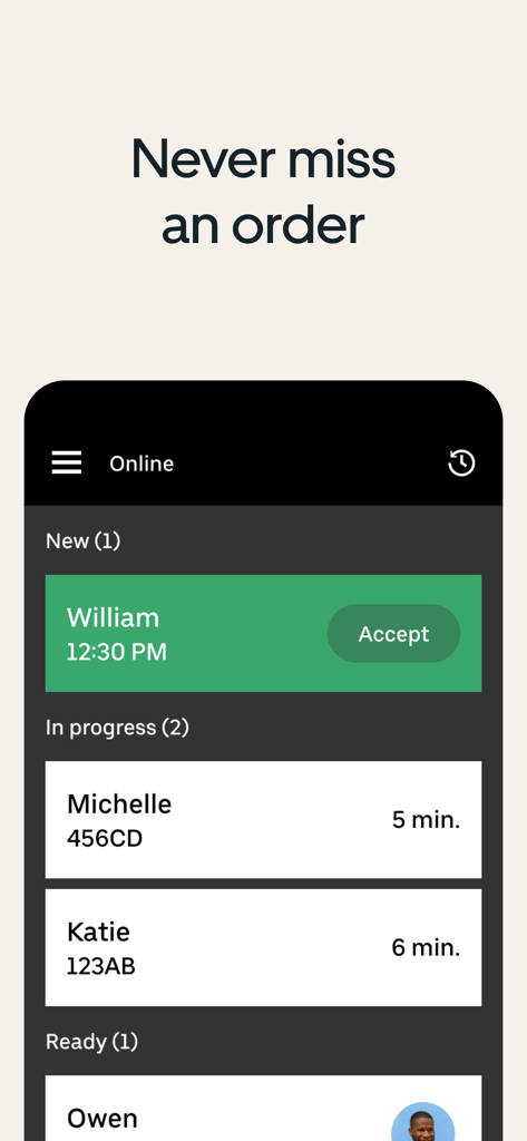 The Uber Eats Orders app interface showing a dashboard for managing new and in-progress restaurant orders.