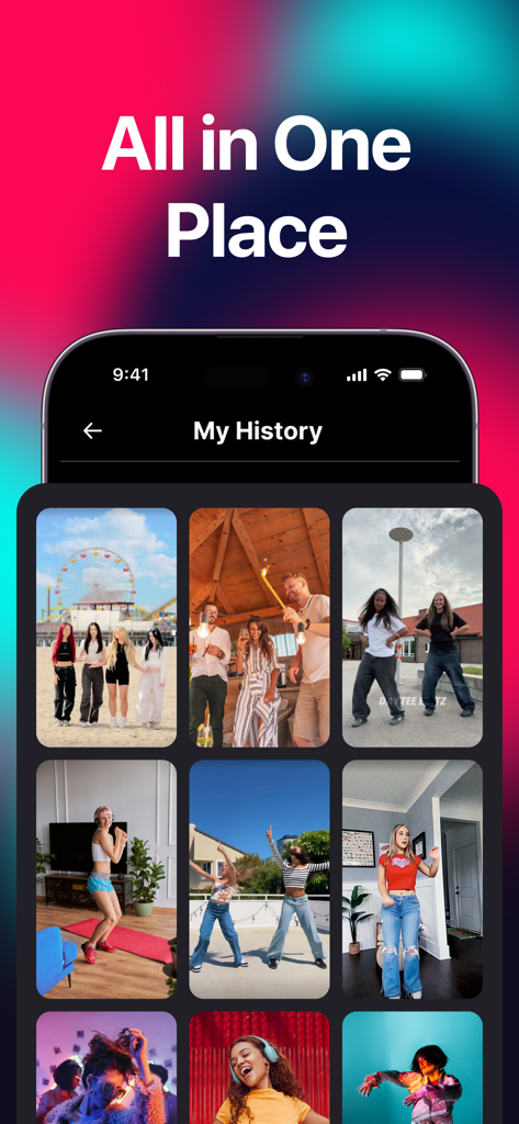 TikDown: Save TikTok Video - TikDown app My History screen showing a grid of saved TikTok videos for easy content organization.