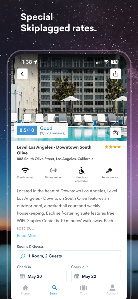 Skiplagged mobile app interface showing a hotel booking page for Level Los Angeles with special rates and amenities