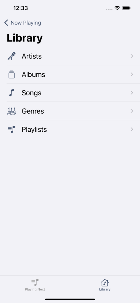 MusicBee Remote - MusicBee Remoteアプリのライブラリ画面。アーティスト、アルバム、曲、ジャンル、プレイリストのカテゴリを表示。