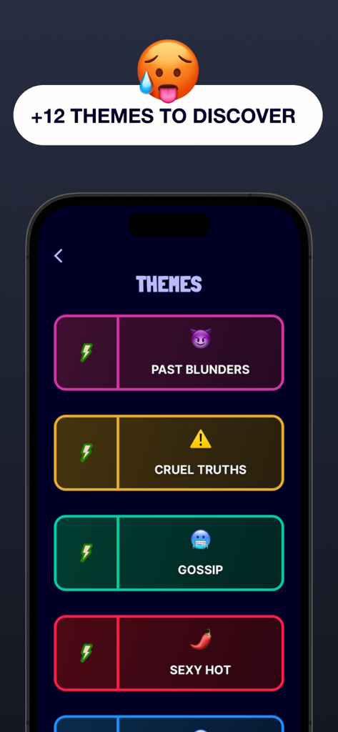 Un'interfaccia mobile per il gioco Truth or Truth che mostra diversi temi tra cui Errori Passati, Verità Crude, Gossip e Sexy Hot.