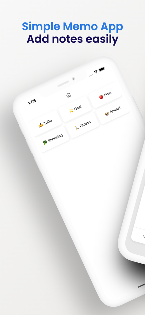 Pantalla principal de la aplicación Memo Block que muestra categorías de notas minimalistas en un iPhone