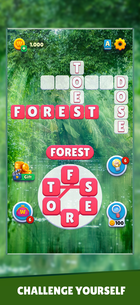 A screenshot of Word Universe gameplay showing a crossword puzzle with a relaxing forest landscape background.