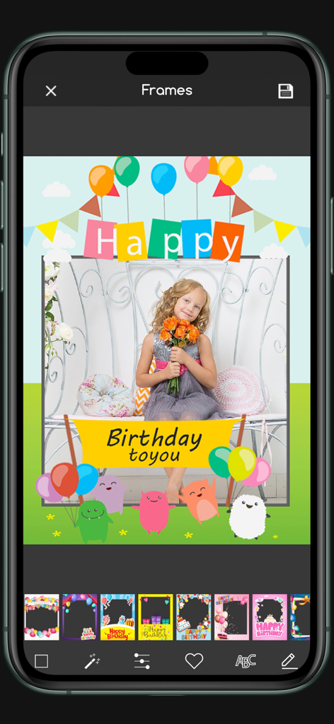 Happy Birthday - Greeting card - Interfaz de la aplicación Feliz Cumpleaños que muestra un marco de foto personalizado con una niña sosteniendo flores y decoraciones de fiesta coloridas
