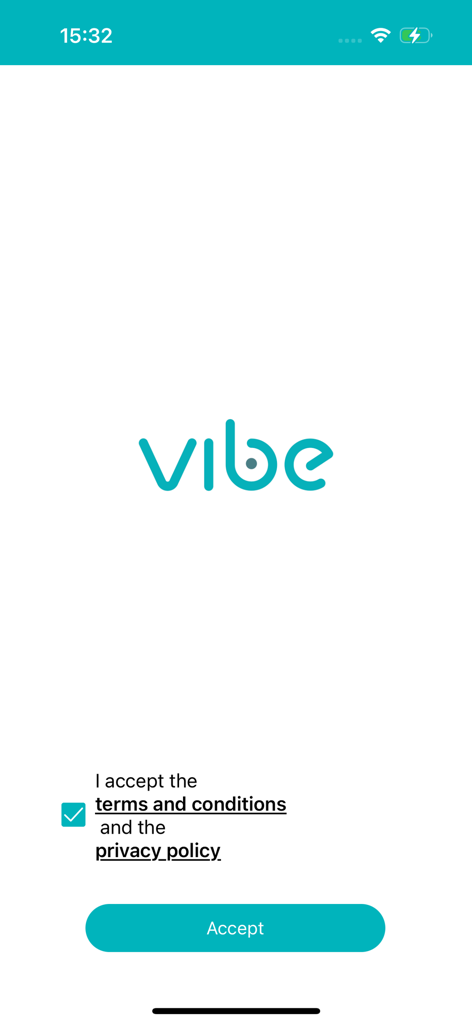 Vibe App - Vibe app splash screen showing the logo and terms and conditions acceptance checkbox.