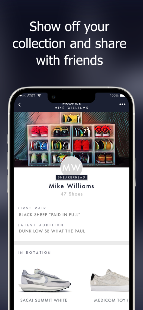 A user profile in the Unboxed app showcasing a large sneaker collection and current shoe rotation.