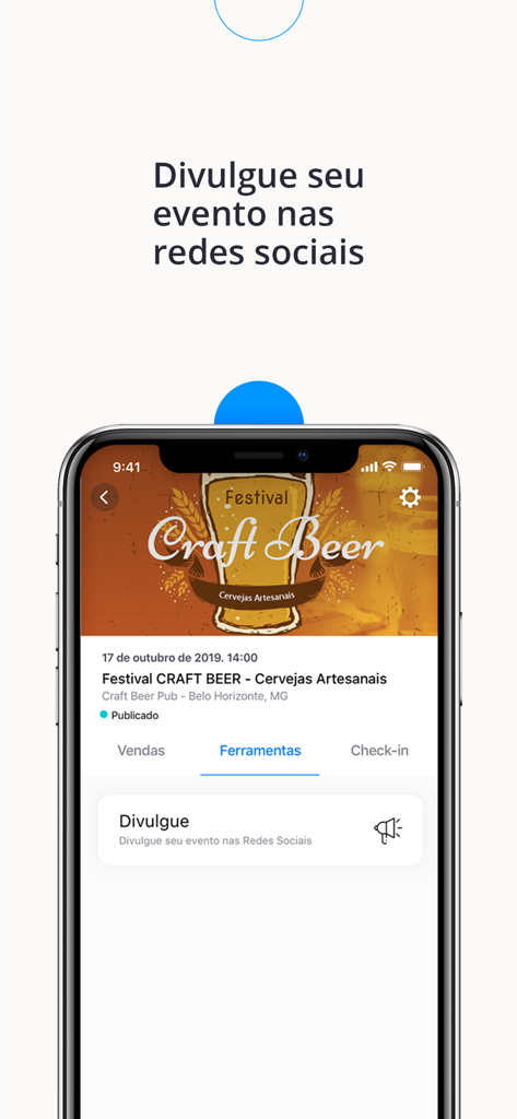 Mobile interface of Sympla Organizador app showing tools for sharing events on social networks