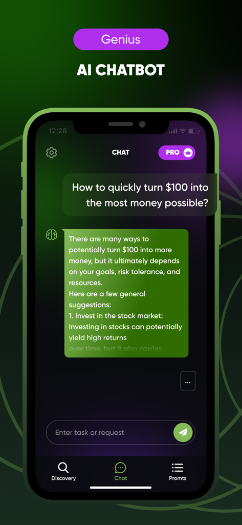 Chat Genius- Ask AI ChatBot - iPhone上の金融アドバイスに関する会話を示すChat Genius AIチャットボットインターフェース