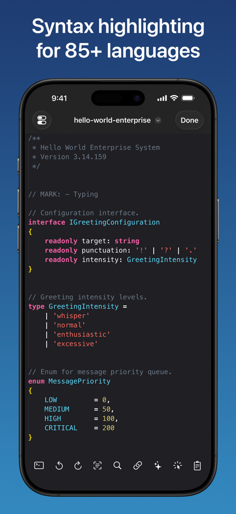 Combine - Code Editor & Git - Mobile screen showing syntax highlighting for code in the Combine editor app.