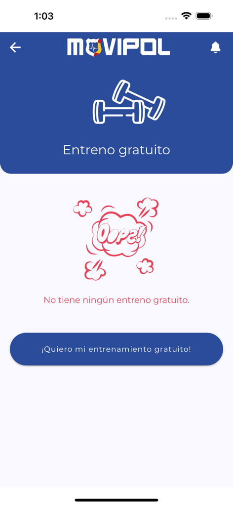 Movipol app screen showing a prompt to request a free fitness training session for police exam preparation