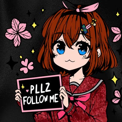 anime girl holding sign that says plz follow me