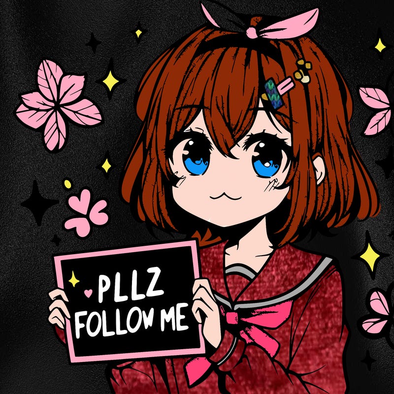anime girl holding sign that says plz follow me