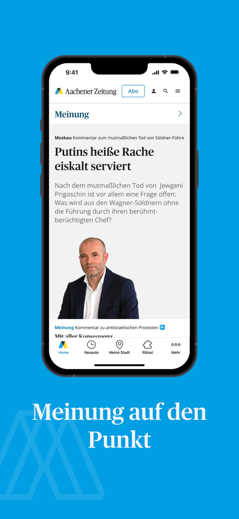 Aachener Zeitung News - A smartphone displaying the opinion section of the Aachener Zeitung News app with an article about international politics.