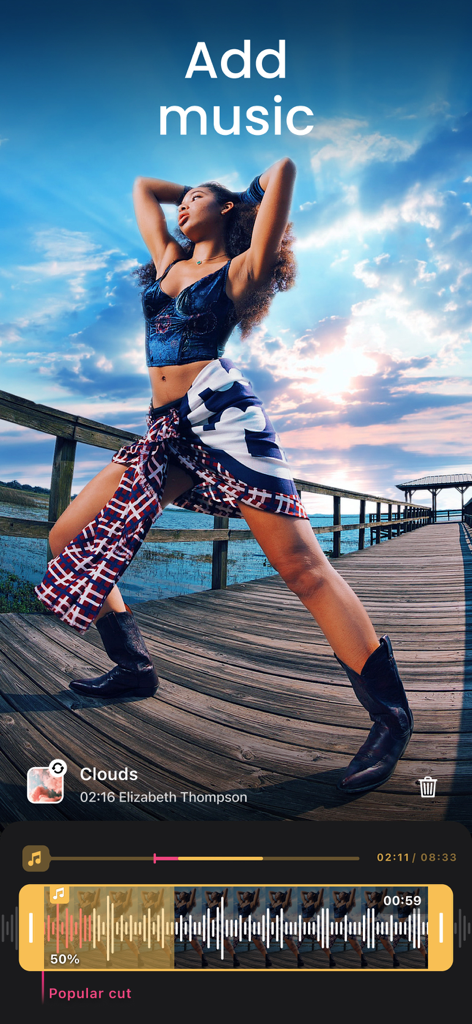 Video Maker & Editor: Dizzi AI - Interfaz de la aplicación móvil de Dizzi AI que muestra cómo agregar y sincronizar música a un clip de video cinematográfico en una línea de tiempo