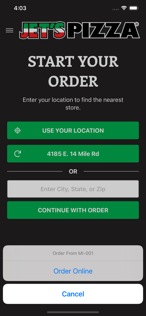 Tela inicial do aplicativo móvel Jets Pizza com pesquisa de localização e opções de GPS