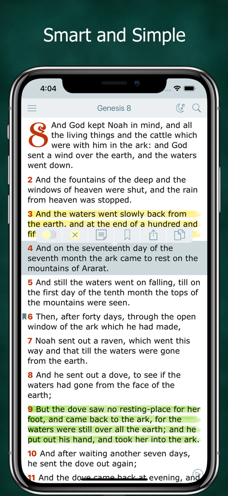 Simple Bible in Basic English - Simple Bible app interface showing highlighted verses in Basic English