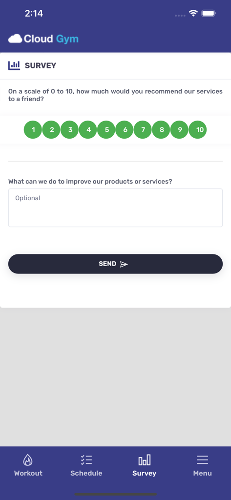Cloud Gym EUR - Cloud Gym app interface showing a member satisfaction survey with a numerical rating scale