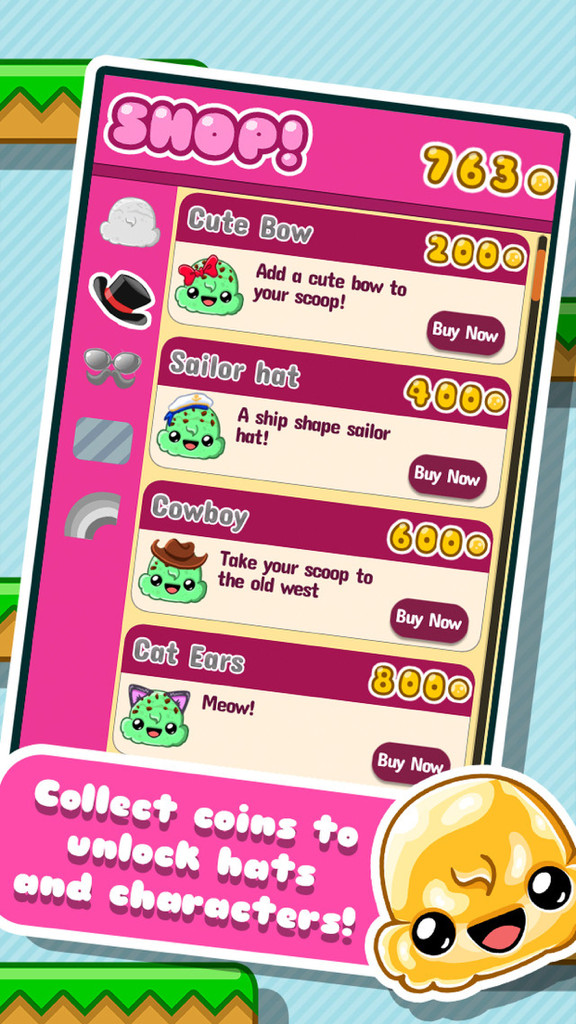 Ice Cream Jump - Ice Cream Jump shop menu showing various cute hats and accessories to unlock for characters
